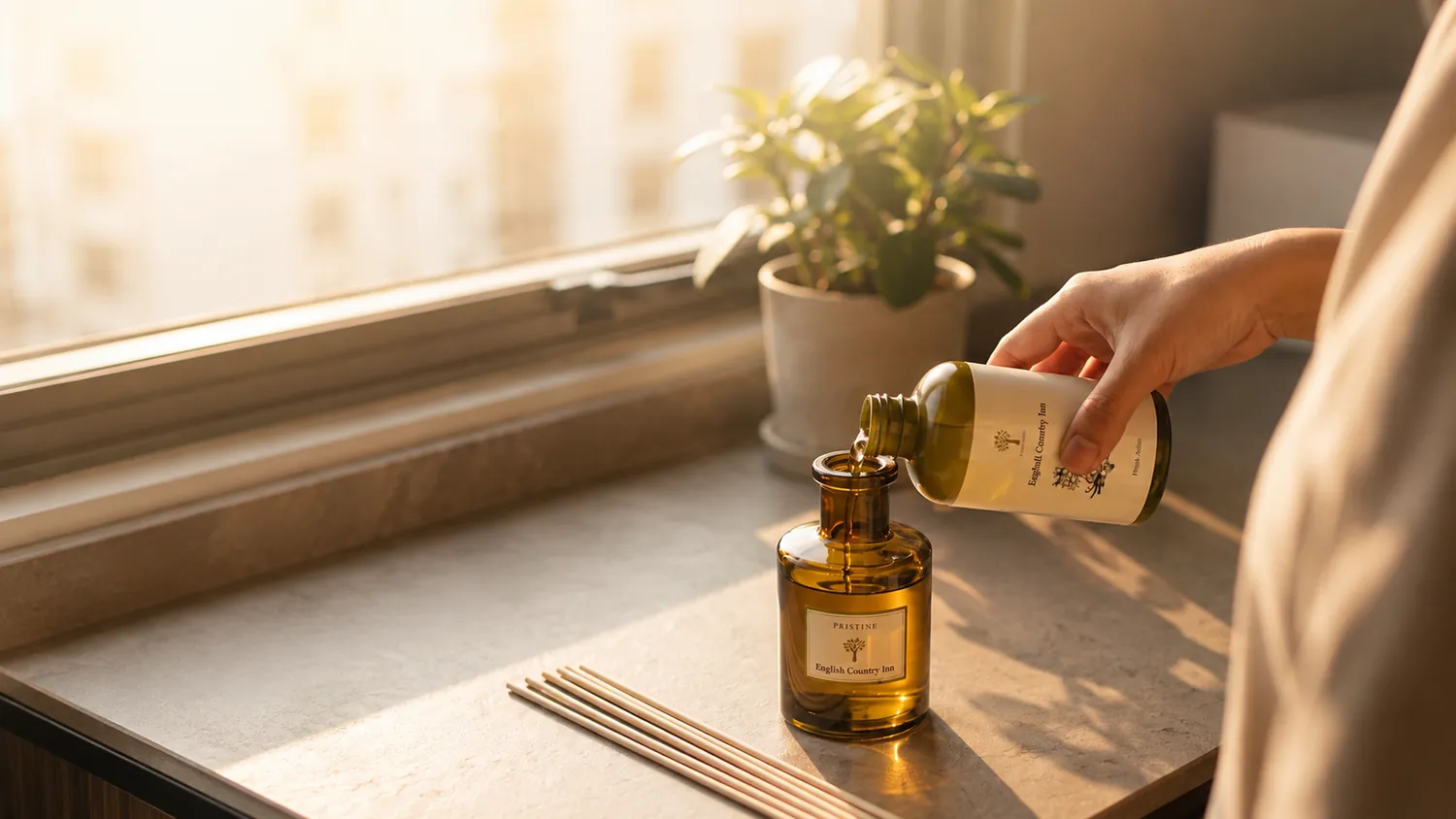 Refilling a Pristine reed diffuser by a sunlit window