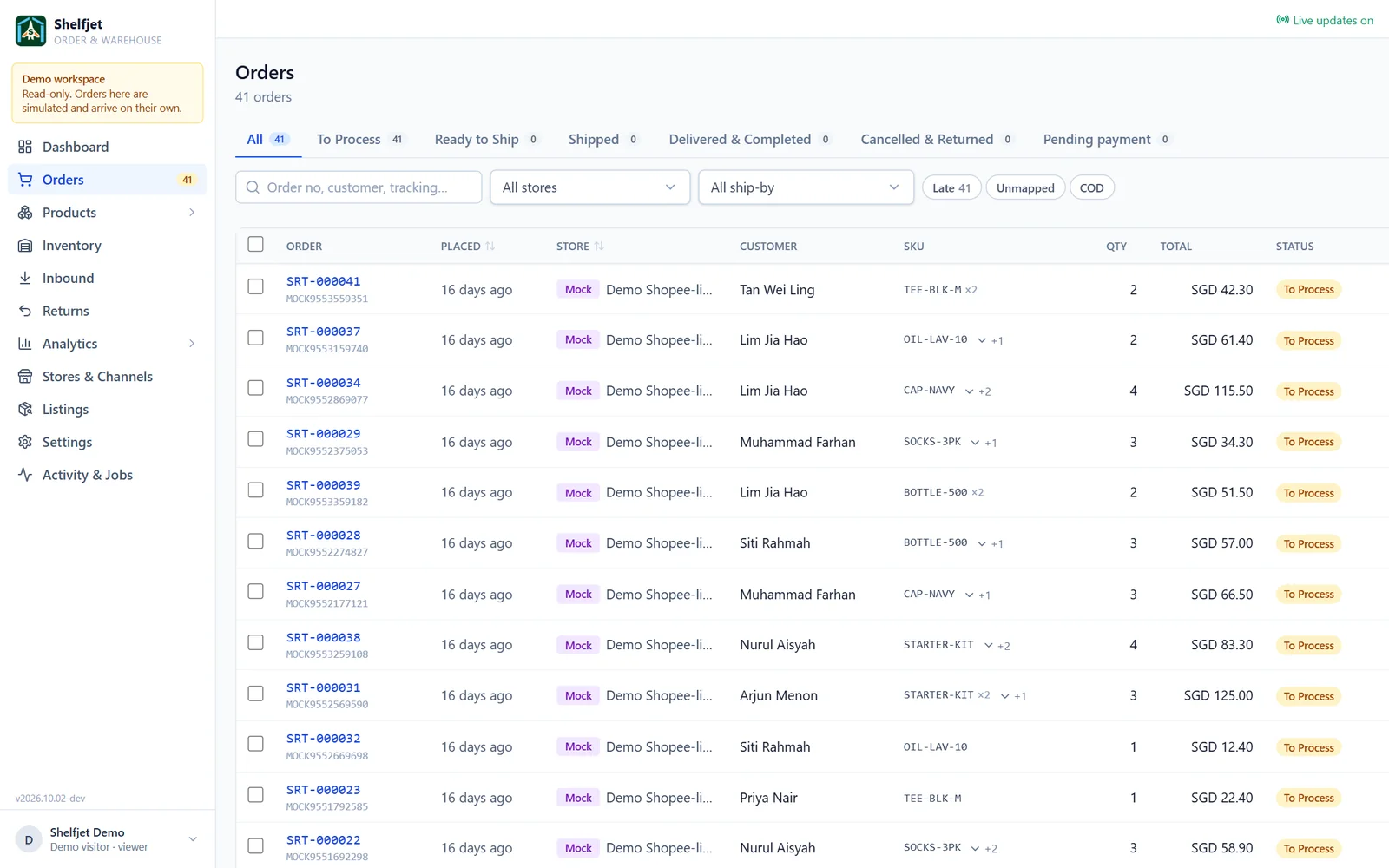 Shelfjet orders queue in the demo workspace